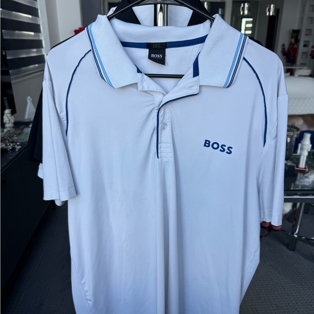 BOSS Men's Polo Shirt in White with Blue Accents Size XXL